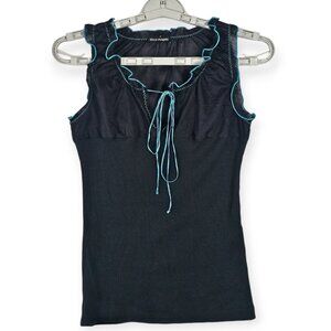 Blue Angels Black Ribbed Sleeveless Tie-Front Top Blue Ruffle Trim O/S